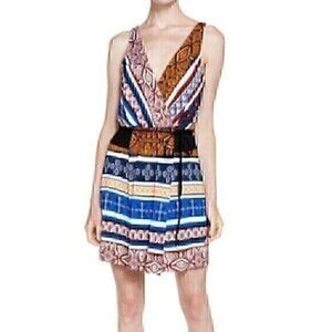 DIANE VON FURSTENBERG Oblixe Wrap Dress Boho Aztec Blue Burgundy Red 100% SILK